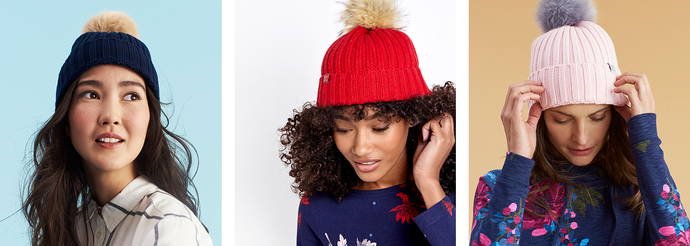 Joules Pop-a-Pom Bobble Hat-Cream, Black, Red, Navy and Pink