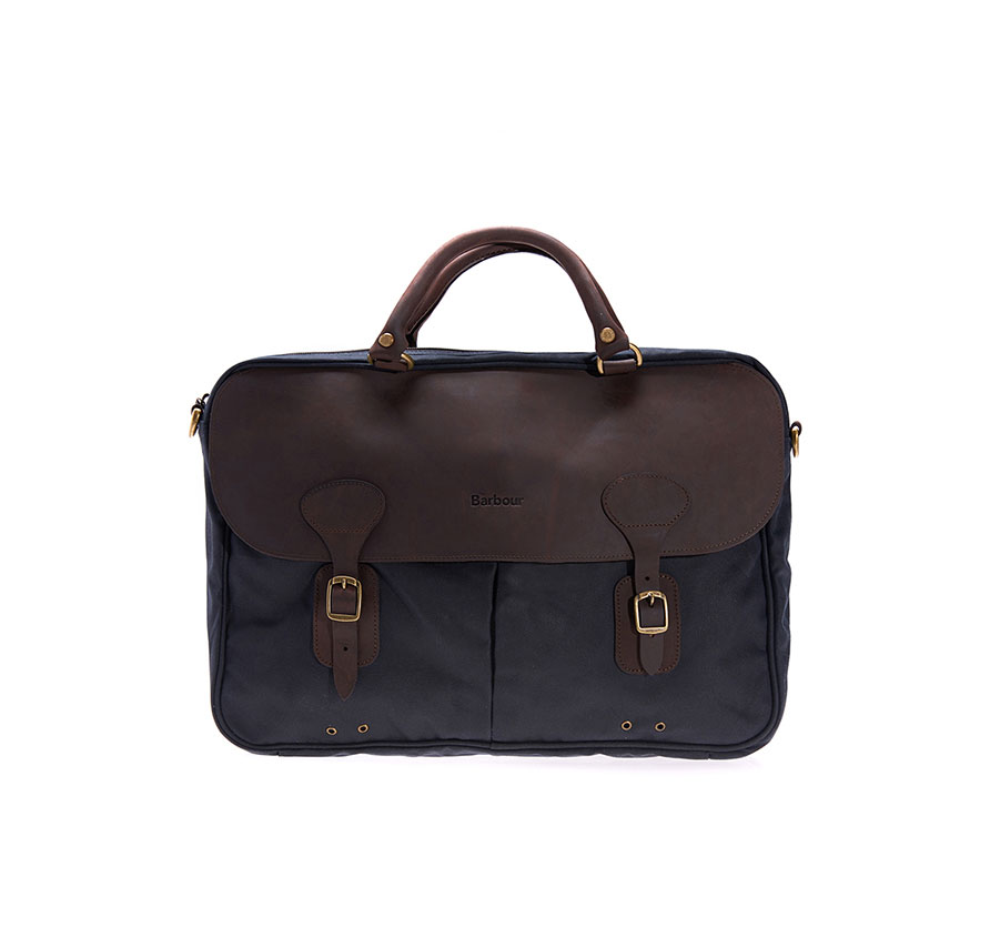 Barbour Wax Leather Brief Case-Navy