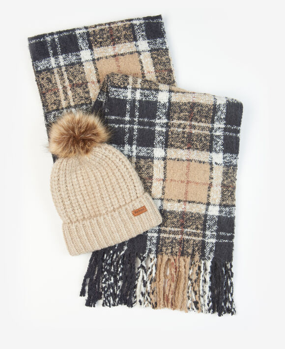 Barbour Saltburn Beanie & Tartan Scarf Gift Set: Rosewood