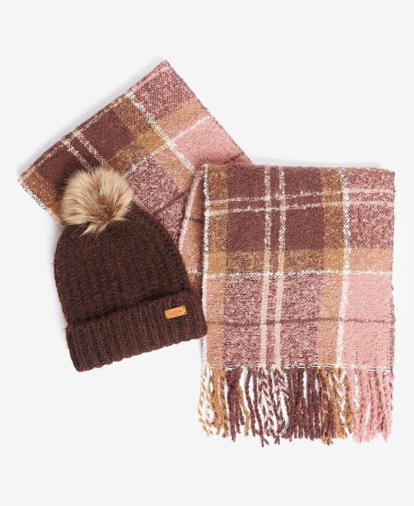 Barbour Saltburn Beanie & Tartan Scarf Gift Set: Chocolate