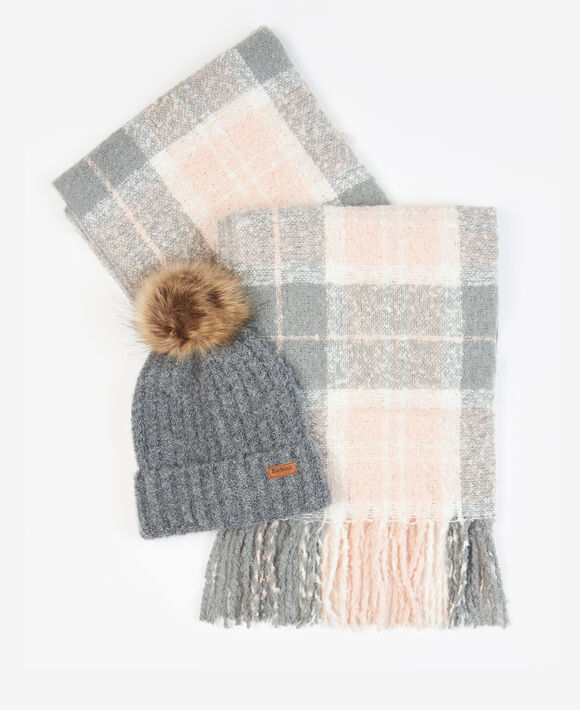 Barbour Saltburn Beanie & Tartan Scarf Gift Set: Grey Rose