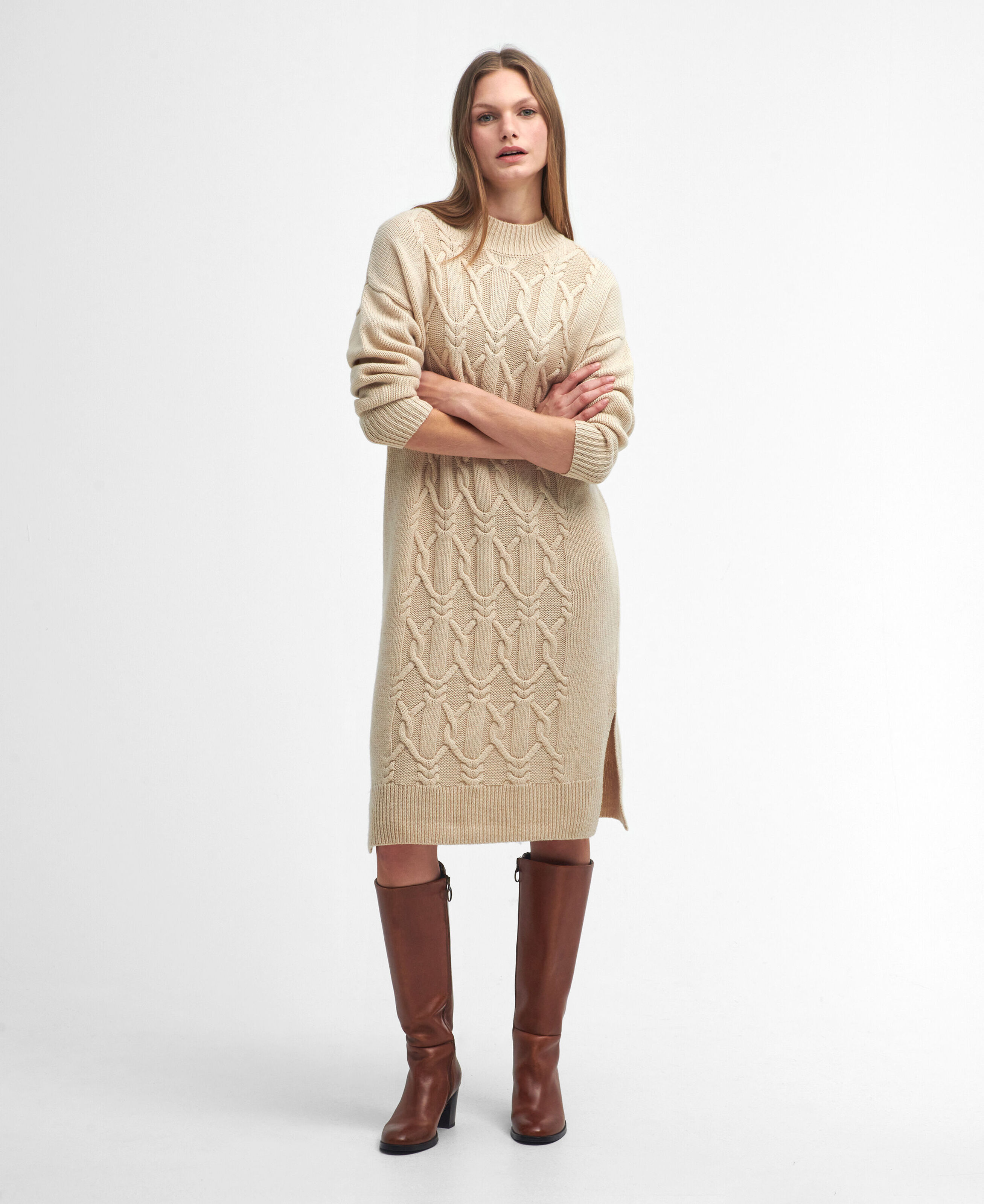 barbour knitted dress Elisha Cable-Knit Midi Dress: White Pepper Cable knit