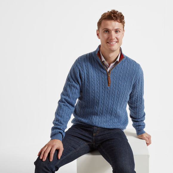 Schoffel Cotton Cashmere Cable 1/4 Zip Jumper: Stone Blue