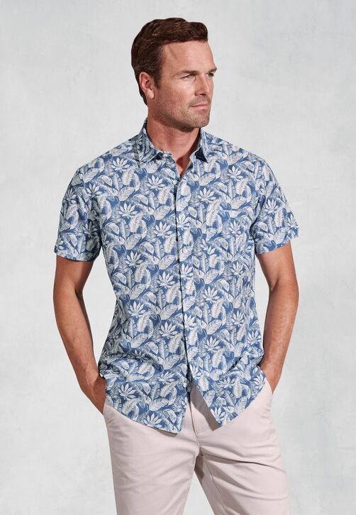 Brook Taverner Printed Palm Shirt: Blue