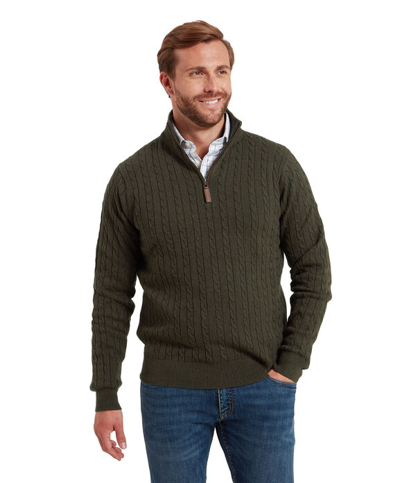 Schoffel Calton Cotton Cashmere Cable 1/4 Zip: Loden Green