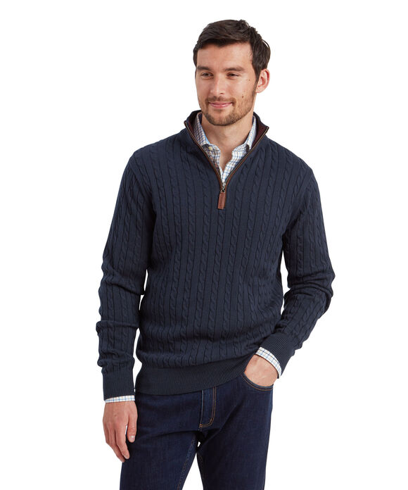 Schoffel Calton Cotton Cashmere Cable 1/4 Zip: Petrol Blue