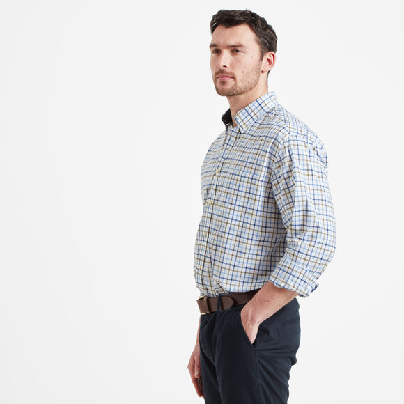 Schoffel Holkham Classic Shirt: French Navy/Light Khaki/Sky Blue